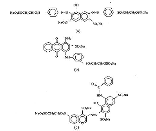 活性染料Remazol黑B (a) Remazol艳蓝(B)和Remazol艳红f3b9 (c)的结构